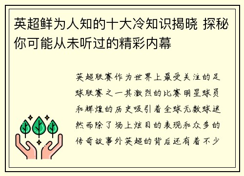 英超鲜为人知的十大冷知识揭晓 探秘你可能从未听过的精彩内幕